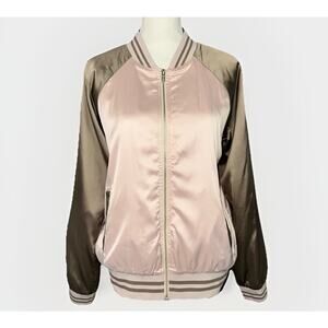 NWT Hem & Thread Sz Medium Pale Pink Sage Satin Bomber Baseball Jacket Full Zip